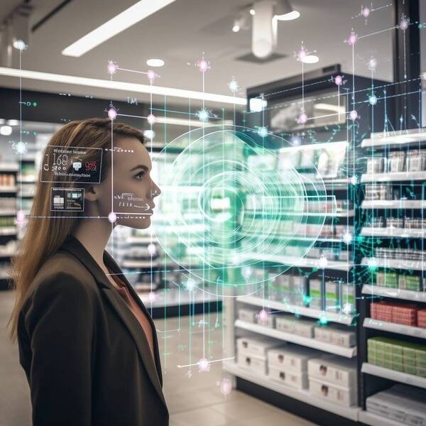 Woman facing towards some retail shelves stocked with goods on the right side. Overlaid on top of the image is some indistinct augmented reality text and images.