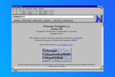 Netscape Navigator browser window showing the top menu, with a toolbar with some quick action icons, a URL entry box, and the main pain shows its copyright notice dated 1994.