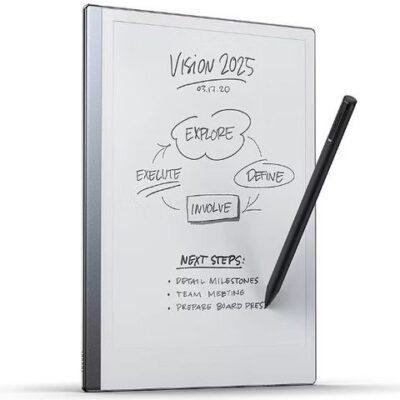 A large eInk tablet showing a mind map type drawing on it. A stylus is poised above the screen surface.