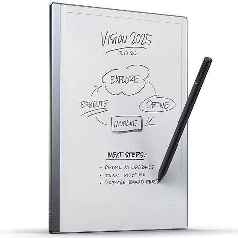 A large eInk tablet showing a mind map type drawing on it. A stylus is poised above the screen surface.