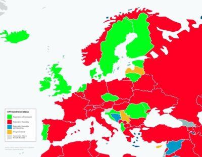 Map of Europe with most countries coloured red. A few countries including UK, Iceland etc show green.