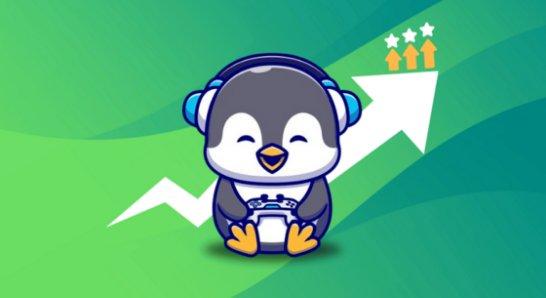 Cartoon depiction of a Linux penguin wearing headphones and holding a gaming controller