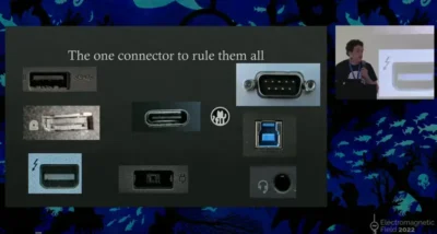 A presentation slide showing a USB-C port in the centre surrounded by all the othe rtypes of connectors that it ha sreplaced such as USB-A, dsiplayport, lightining port, charging port, audio socket, serial port.