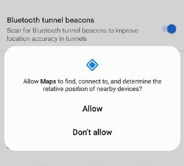 Part of an options screen showing a toggle switch to toggle Bluetooth tunnel beacons on or off. It also shows a All / Don't Allow prompt to allow Maps to find, connect to, and determine the relative position of nearby devices.