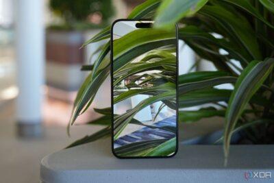 Outline of an iPhone with a fully transparent screen. Behind the phone, and through the screen, can be see the green leaves of a plant.
