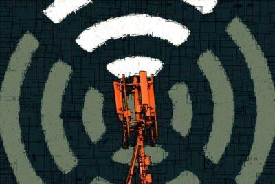 Cartoon depiction of the top of a 5G cellphone tower, with broken circles surrounding it illustrating transmission waves.