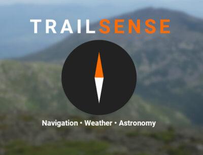 In background a blurred image of a mountain, and in foreground is title text saying Trail Sense for Navigation, Weather and Astronomy