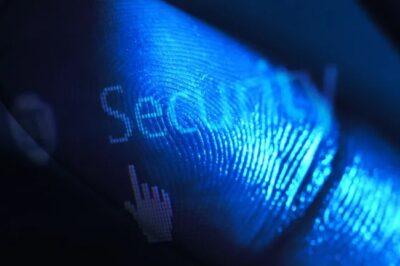 Blue coloured image showing a fingerprint ona finger, with the word security overlaying it, and an icon of a pointing finger below it.