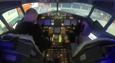 A flight simulator that looks exactly like an authentic 737 flight cabin