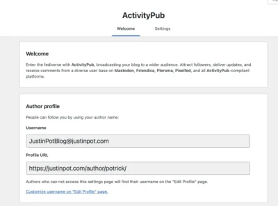 Screen headed ActivityPub with a welcome message and a form for the author profile to be completed with a username and profile URL.