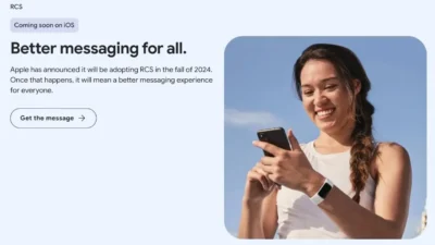 Woman smiling at, and holding a smartphone. Title text says "better messaging for all. Apple has announced it will be adopting RCS in the fall of 2024. Once that happens, it will mean a better messaging experience for everyone".
