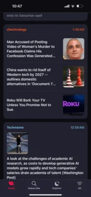 A mobile phone app screen showing a news feed with titles and a thumbnail image for each news item.
