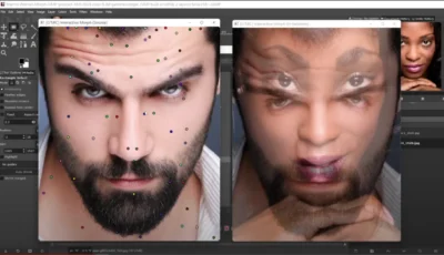 GIMP photo editing software screen showing two open editing windows. On the left is a man's face with a beard, and on the right is a woman's face that is morphed with the man's face looking like it has four eyes.