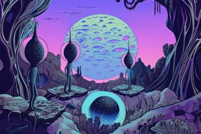 A sci-fi type of illustration showing three alien characters standing on flat stones with a tree on each side of the frame, looking towards the background where a large moon is in the sky just above the horizon