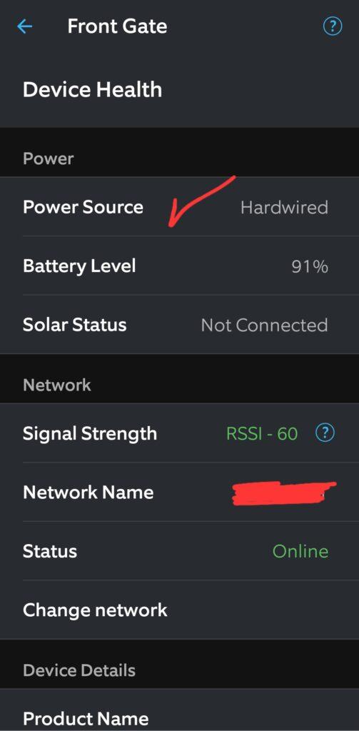 Screenshot from Ring Video Doorbell app showing the device is hardwired with battery level of 91%.