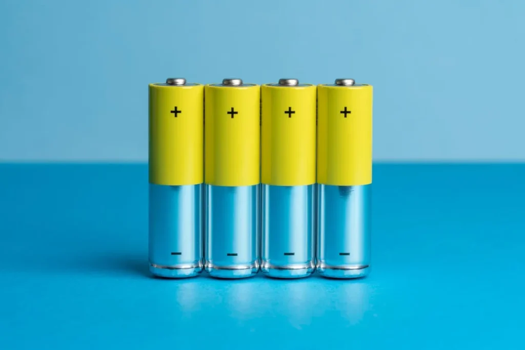 Four batteries standing vertically, placed next to each other. The top halves are yellow and the bottom halves are silver.