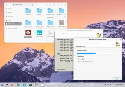 A Zorin OS desktop showing three windows open, one of which is busy installing Microsoft Office 2003