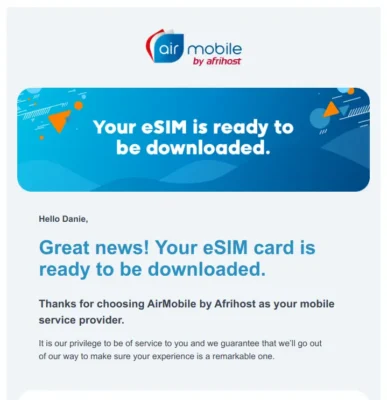 Screenshot of part of an e-mail saying "Your eSIM is ready to download".