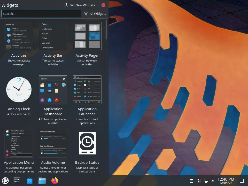 Linux KDE desktop showing a taskbar along the bottom . The left side of the desktop is showing a window pane with a selection of different widgets to install e.g. for Activities, Application Menu, Audio Volume, etc. To the right side is the colourful desktop background in orange, blue and grey colours.