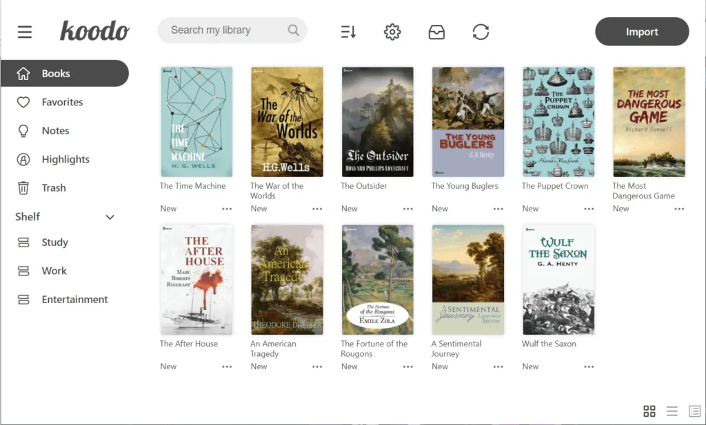 Koodo web page showing various books listed in the middle with their book covers and titles. Down the left side are view options for Books, Favourites, Notes, Highlights, Trash, and Shelves for Study, Work and Entertainment.