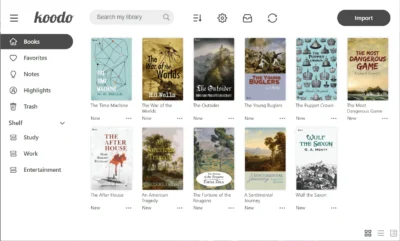 Koodo web page showing various books listed in the middle with their book covers and titles. Down the left side are view options for Books, Favourites, Notes, Highlights, Trash, and Shelves for Study, Work and Entertainment.