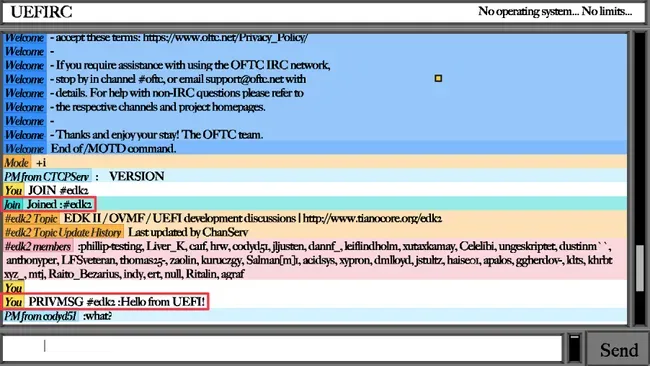 Shows a typical IRC channel welcome text message, followed by commands such as VERSION and a command to #join edk2. User has then posted a private message in that channel saying "Hello from UEFI!". There is a single reply shown saying "what?".