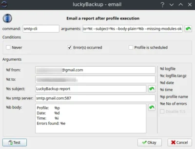 luckyBackup options pane for e-mail settings showing the command and various parameters that have been set. It also lists some options that be set with text options for sender address, smtp server, and text body.