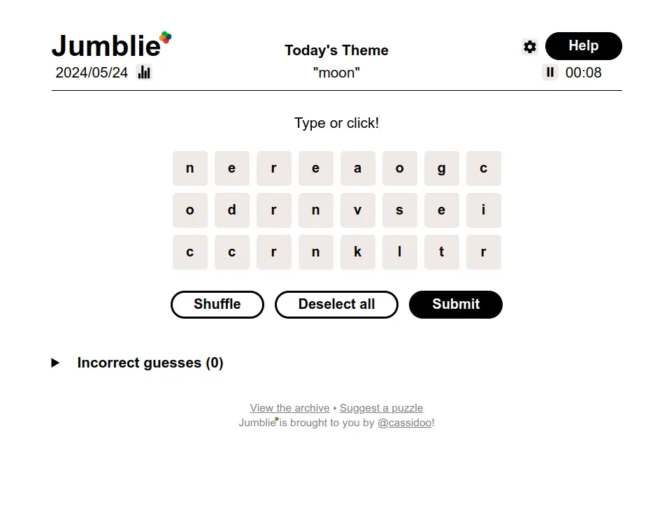 Browser page showing title Jumblie at the top left. In the centre are various letters of the alphabet which will be used to try to guess the words. Above the letters it says Today's Theme "moon". Top right is a help button with a timer running. Below the letters are three buttons labelled Shuffle, Deselect All, and Submit. Below the buttons is the title Incorrect guesses showing a total of 0 so far.