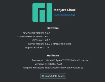 Manjaro Linux info window showing the Plasma version as 6.0.