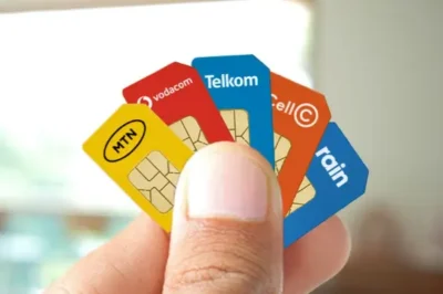 Two fingers holding five SIM cards spread like a pack of cards: First is yellow with name MTN, second is red with name Vodacom, third is blue with name Telkom, fourth is orange with Name CellC, and fifth is blue with name Rain.