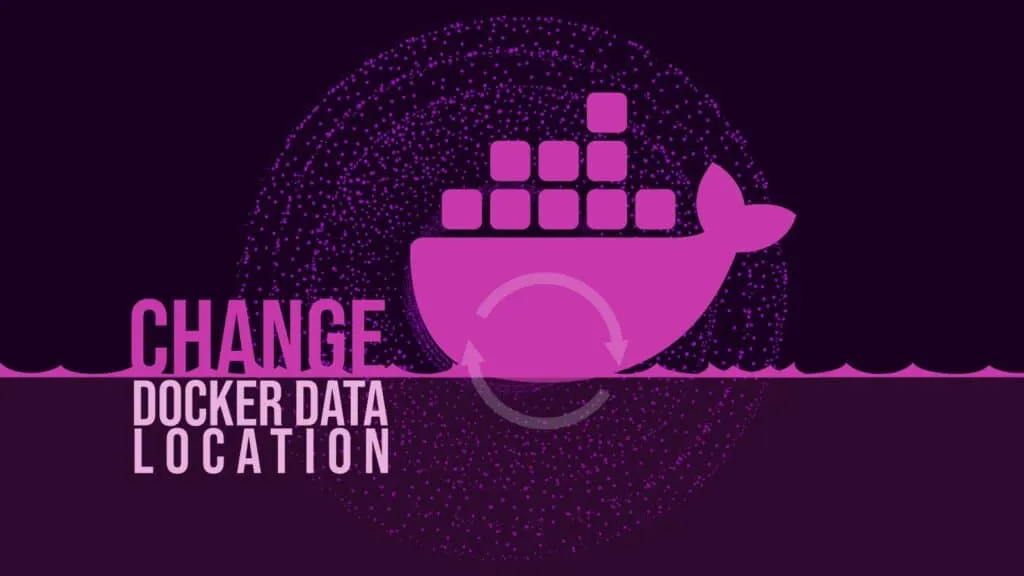 Pink colour background with the docker logo on it (a wahle with some blocks on top representing containers). Title says Change Docker Data Location.
