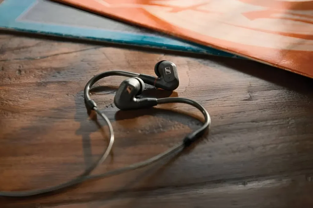 Pair of black earbuds lying on a dark brown wooden desktop.