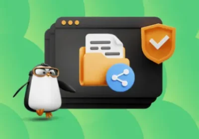 Tux penguin in foreground with a representation of a file manager icon behind it.