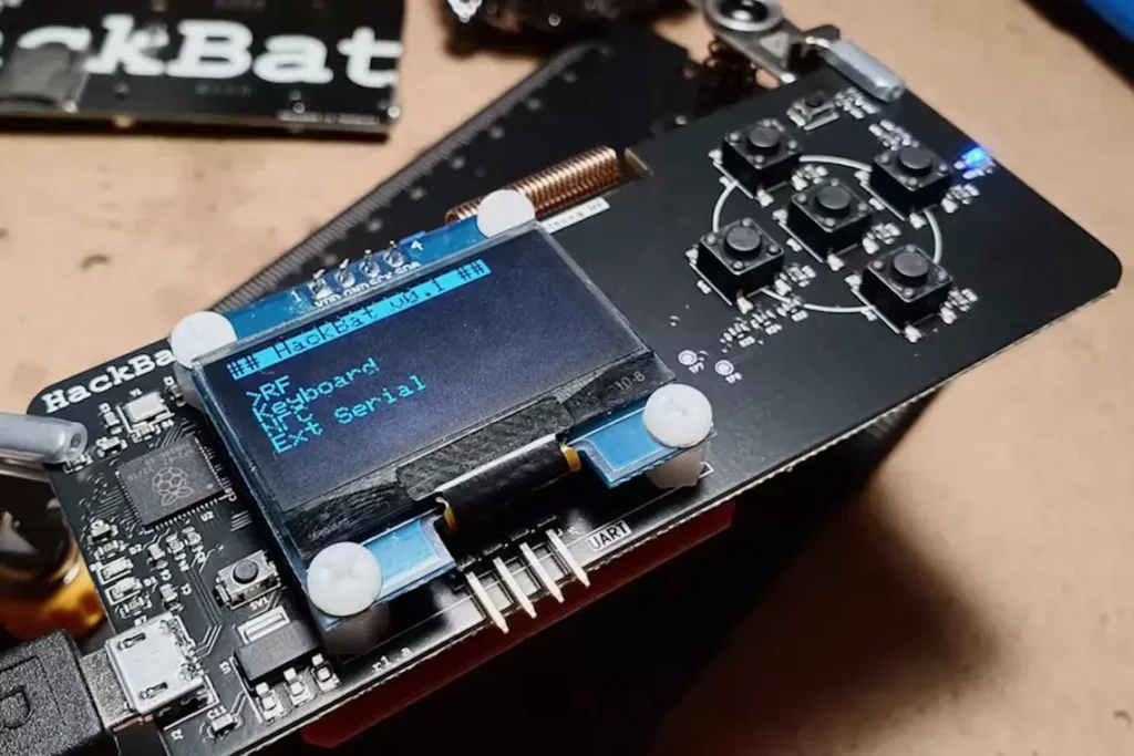 A bvlack coloured circuit board with a small OLED display mounted on top. On the right side of the board are five black press button switches, with one in the centre and four other switches spaced evenly around it.