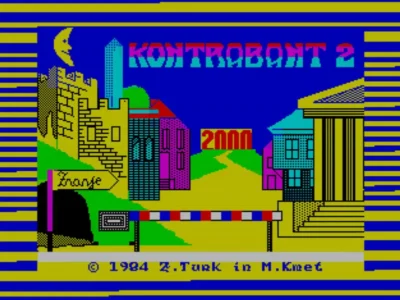 Retro style 8-bit computer game title screen with title Kontrabant 2 and copyright 1984 Z Turk in M Kmet. The image shows what looks like a street barrier in the foreground with a yellow coloured road stretching into the distance with test 2000 at the end. On both sides are various buildings from a castle, a government office, houses, etc.