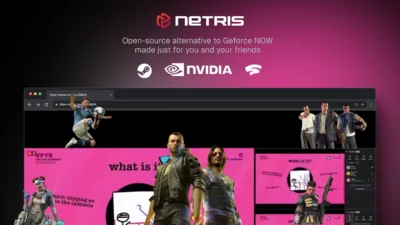 Background title Netris open-source alternative to GeForce NOW made just for you and your friends. Below it appears part of a browser window with the window controls on the top left like macOS Safari browser has. The URL can't be seen but various game avatars appear, one which looks like a soccer player kicking the ball in the air, and another a woman holding a large automatic rifle.
