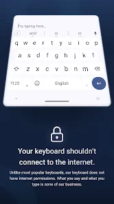 Mobile keyboard with white background and letters in black. Below it is a caption saying: Your keyboard shouldn't connect to the Internet. Unlike most popular keyboards, our keyboard does not have Internet permissions. What you say and what you type is none of our business.