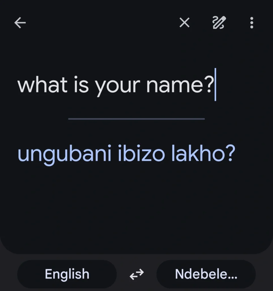 Phone app screen showing a line in English saying what is your name? Below it is the translation into Ndebele saying ungubani ibizo lakho? At the bottom are two buttons, one labelled English and the other Ndebele.