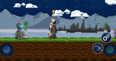 A cartoonish looking gaming screen showing starry sky with some clouds, and bluish colour mountains in the background. In the foreground is a side view of some green grass, with a cutaway showing the underlying brown rocks and dirt below the grass. On the surface of the grass, in the centre, can be seen a figure that looks a bit like a monk with light colour clothing and a hood hiding the person's face. A bit off the left on the grass is a small r robot looking character with an astronaut's helmet on their head.
