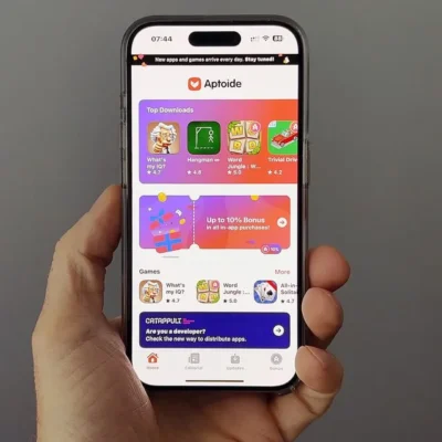 An iPhone being held in a hand. The screen shows the title Aptoide and below that are apps shown in categories such as Top Downloads and Gaming, for downloading and installing.