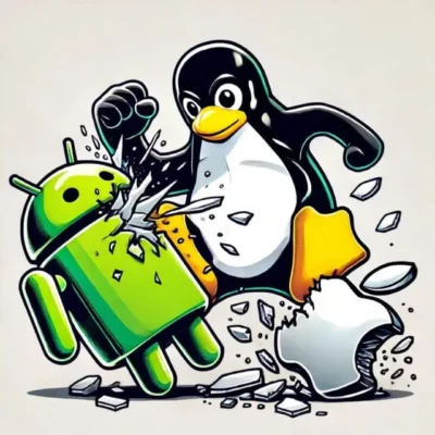 A Linux penguin bashing broken Android and iOS characters.