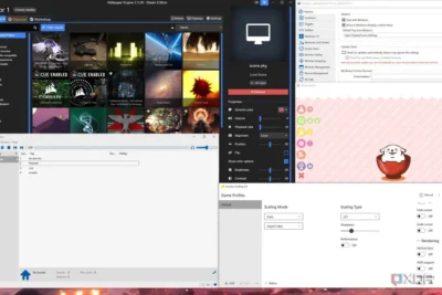 Four different windows open on a desktop screen. Top left one has the title Wallpaper Engine and shows 15 thumbnail views of different wallpaper designs. Bottom left is a media playing app window showing a progress bar with four song titles listed below it. Top right is a window titled Settings Displayfusion Pro and it has various start-up options for that app. Bottom right is a window titled Lossless scaling and it has some settings options for scaling mode set to auto and aspect ratio, scaling type set to LS1, and a few other similar options.