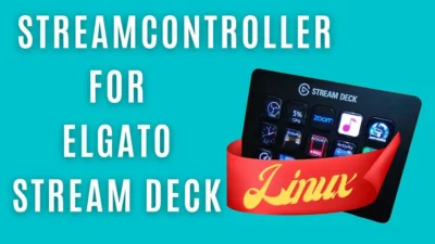 Teal colour background with white titling stating StreamController for Elgato Stream Deck. On teh right side is an image of a black Elgato Stream Deck with 15 buttons on it arranged in three rows.