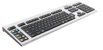 A computer keyboard showing on its left side showing two columns of 5 keys each with a small display under the key cap.