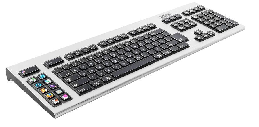 A computer keyboard showing on its left side showing two columns of 5 keys each with a small display under the key cap.