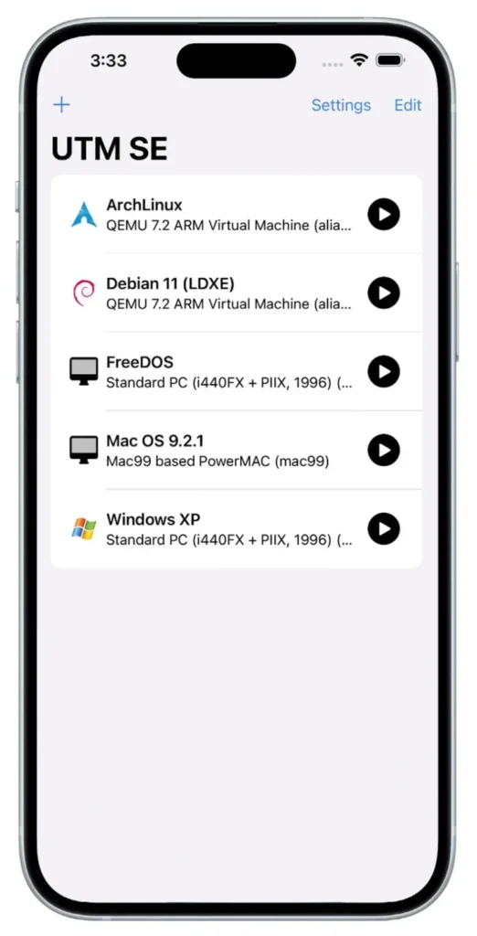 iPhone screen showing the title UTM SE at the top. Below it is listed a few OS options such as Arch Linux, Debian 11, FreeDOS, Mac OS, and Windows XP.