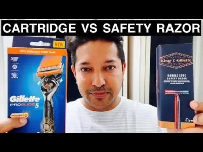Title says Cartridge vs Safety Razor. Image of a man in the centre. On the left side he is holding up a Gillette cartridge razor, and on the right side he is holding a double-edged safety razor.