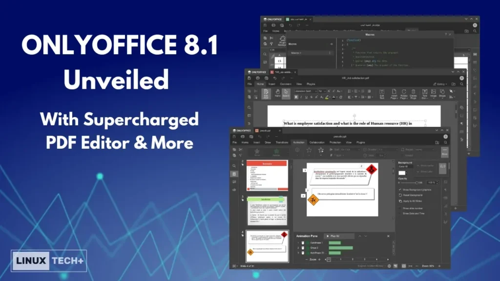 Blue background with a bold title in white font stating ONLYOFFICE 8.1 Unveiled with Supercharged PDF Editor and More. To the right can be seen then thumbnails in grey of an office suite showing a presentation being edited, and an open document being edited.