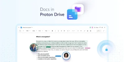 Document page shown with typical ribbon bar at top with zoom, font, bold, italics, etc. The title says Docs in Proton Drive.
