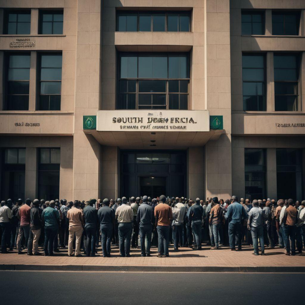 Front of a bland caramel coloured government building, with numerous people standing outside in front and waiting for service